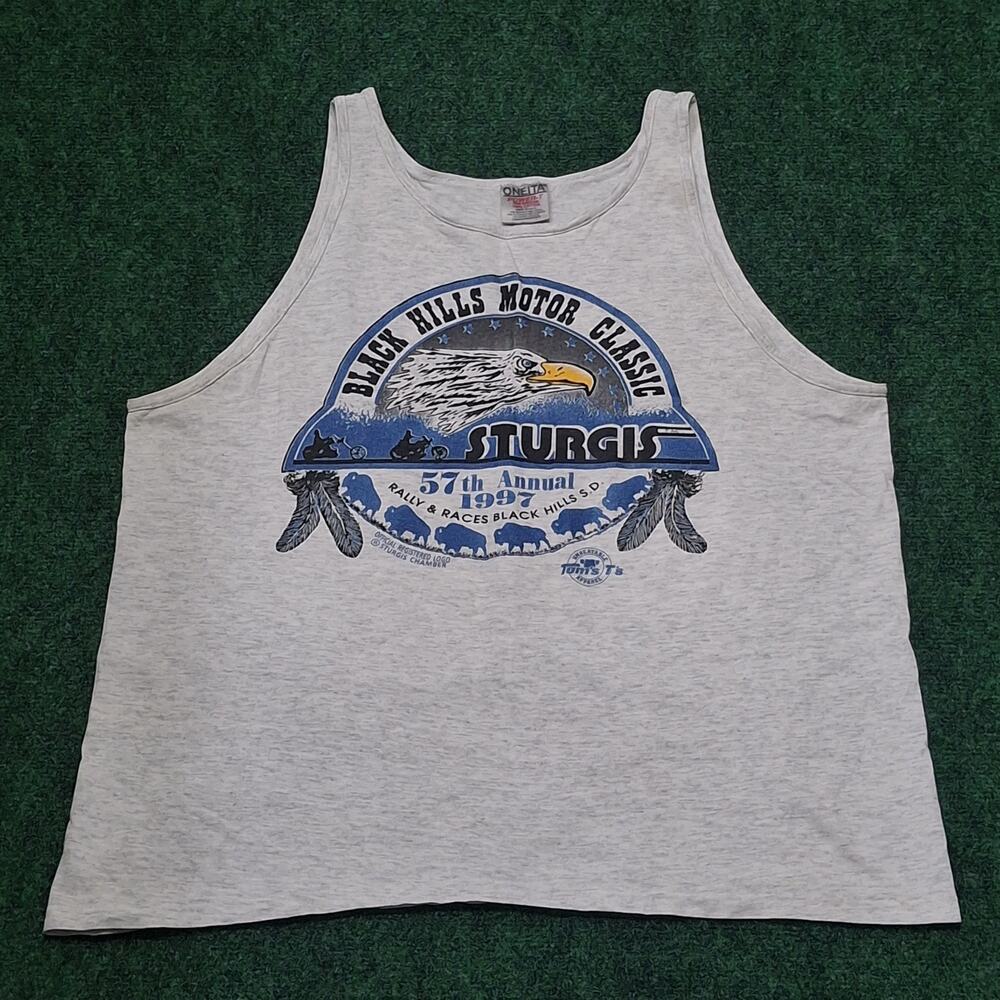 VTG 90s Sturgis Motorcycle Rally Tank L White Black Hills Biker Eagle USA 1997